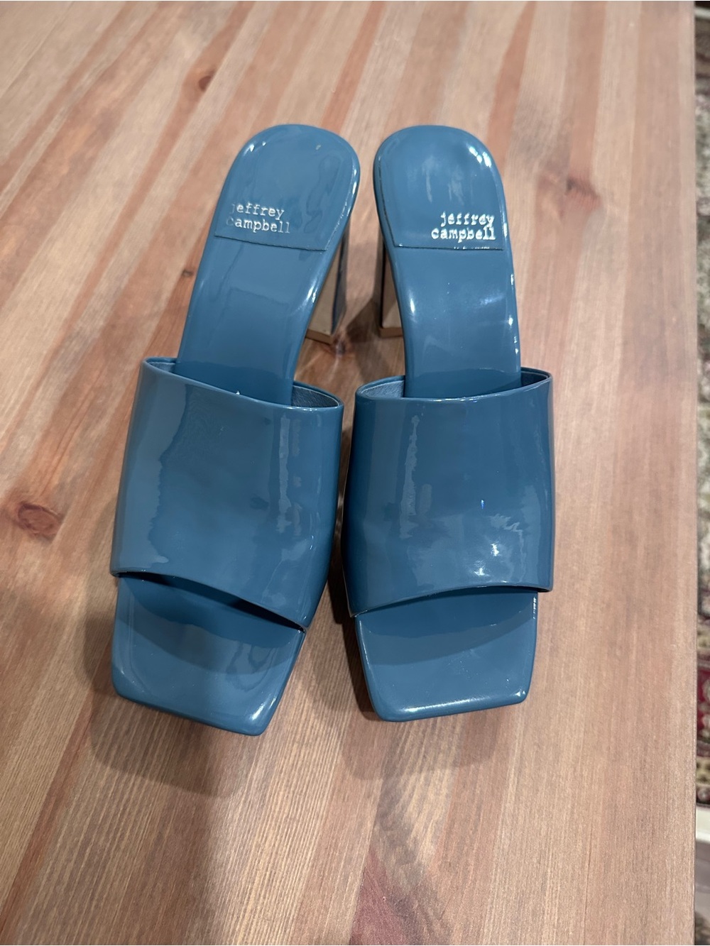 Jeffrey Campbell Teal Patent Slide Mules